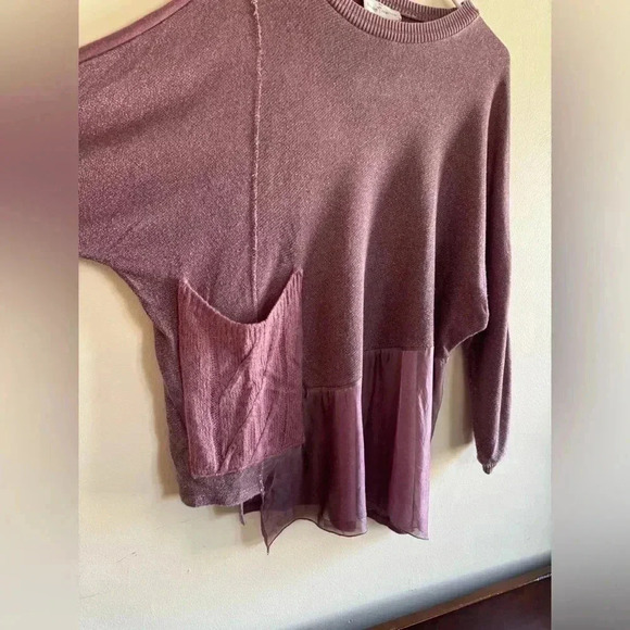 Anthropologie Belle France Mauve Oversized asymmetrical chiffon knit pocket top - Picture 7 of 9